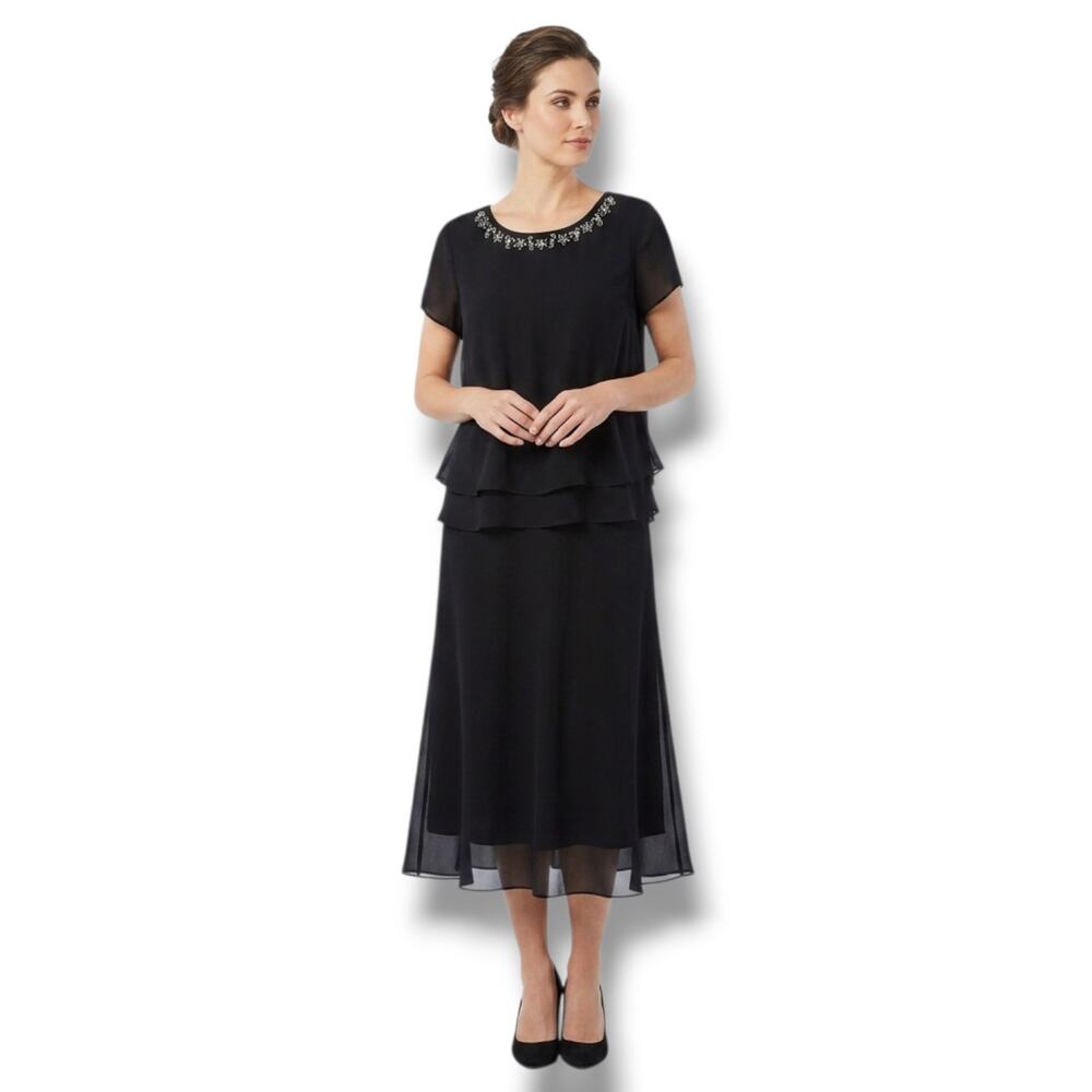 Dani Max Vintage Black Chiffon Tiered Dress 14 Beaded Neck Midi Evening